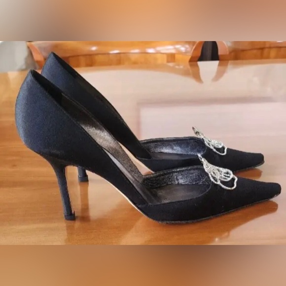 VERA WANG Black Satin Stiletto Heel w/Rhinestone Flower Embellishment Size EU40 - Picture 4 of 12